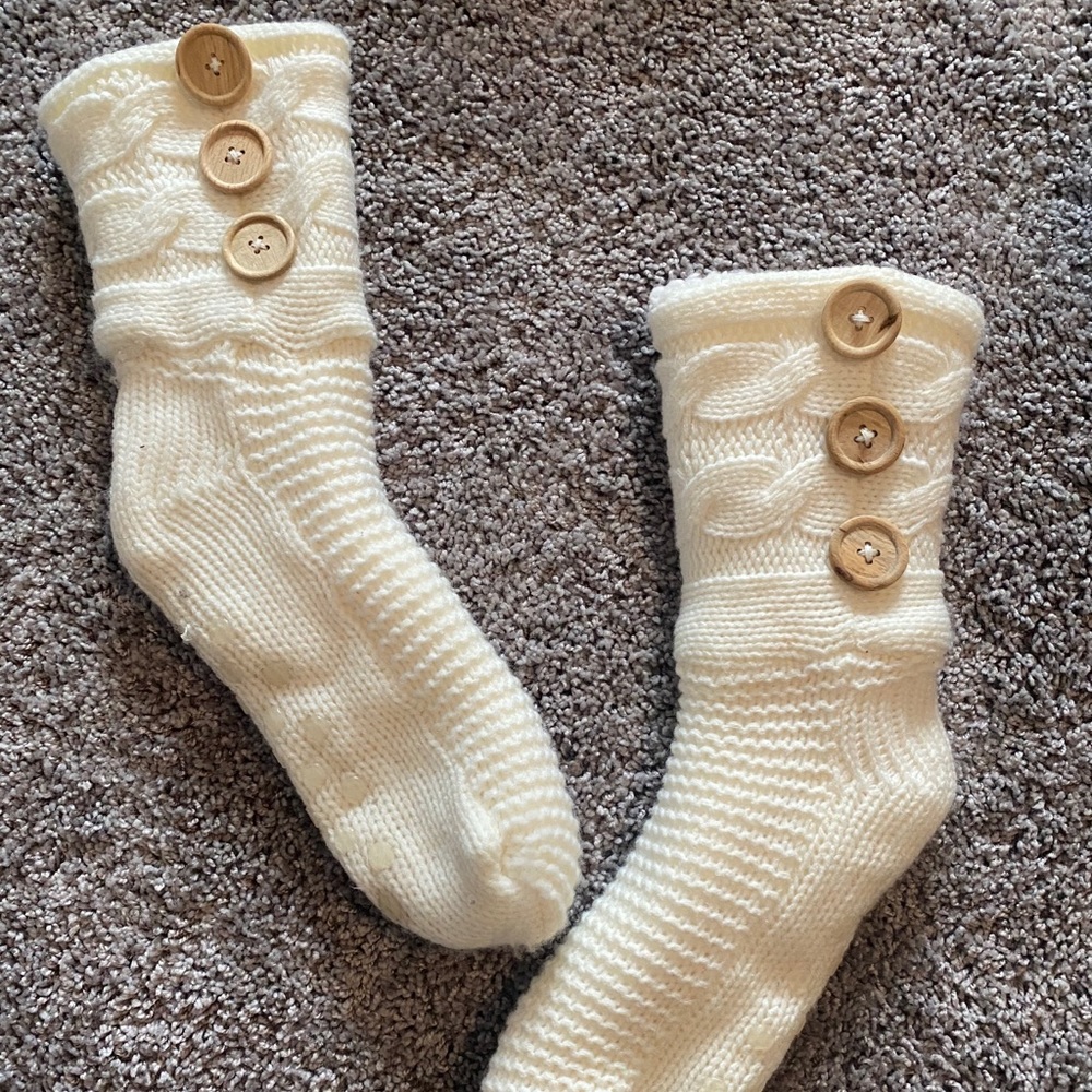 White Knit Sherpa Socks with Buttons